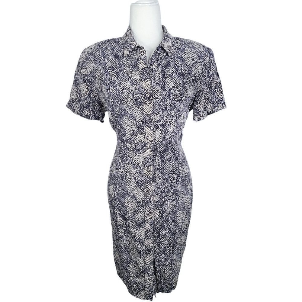 Vintage Adrianna Papell Blue Snake Skin Print 100% Silk 70s 80s Secretary Dress
